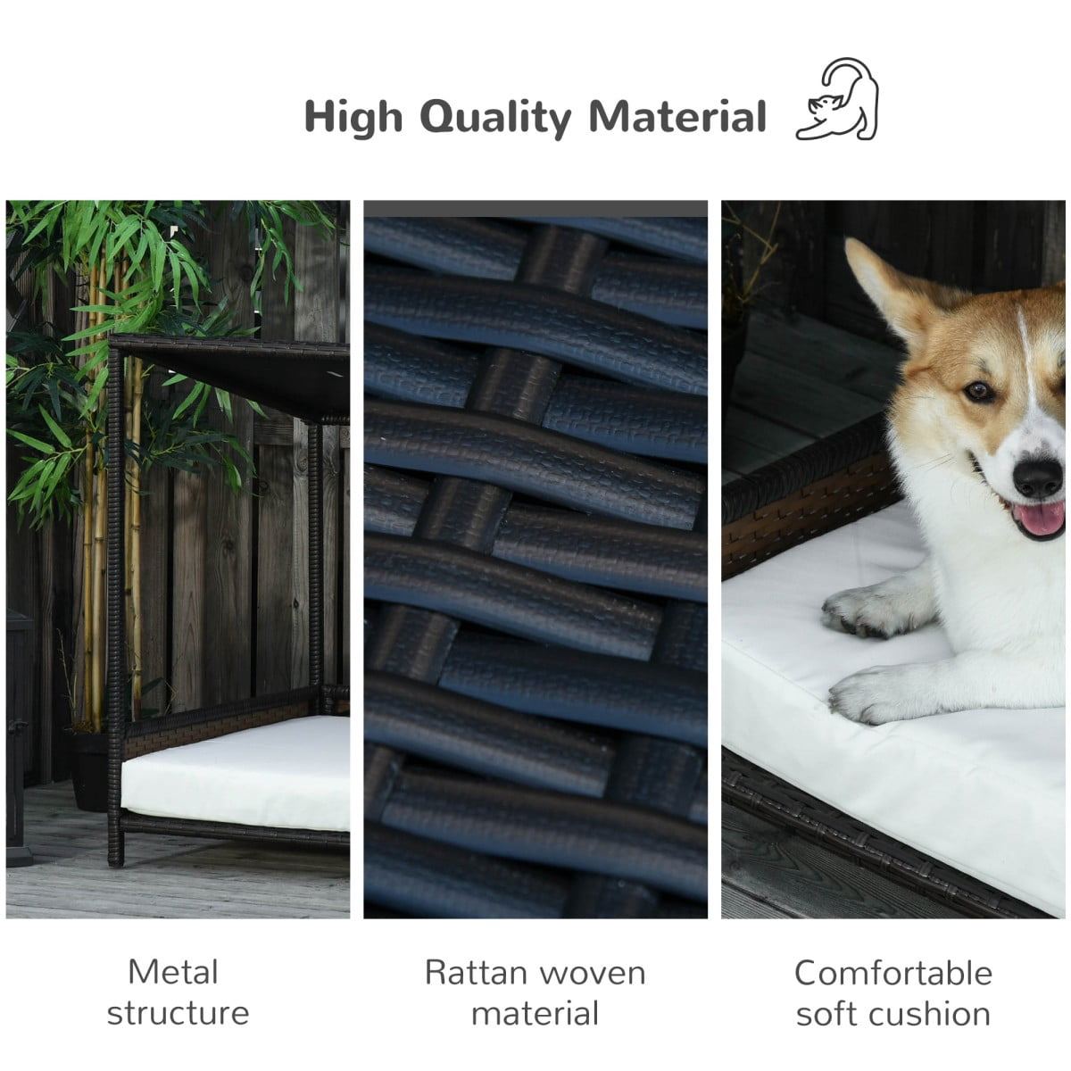 TOPCOMFY Rattan Dog House with Canopy Elevated Base Removable Cushion Wicker Indoor Outdoor Pet Bed