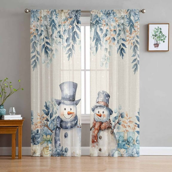 Blue Snowman Sheer Curtains 63 Inches Long, Eucalyptus Christmas Poinsettia Retro Snowy Light Filtering Window Curtains for Living Room, Rod Pocket Voile Sheer Curtain Drapes, 52"Wx63"L, 2 Panels