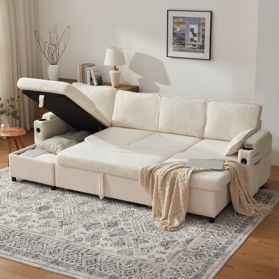 Sectional Couches Sofas Sleeper Bed U shape with Storage for Living Room Family Rooms White