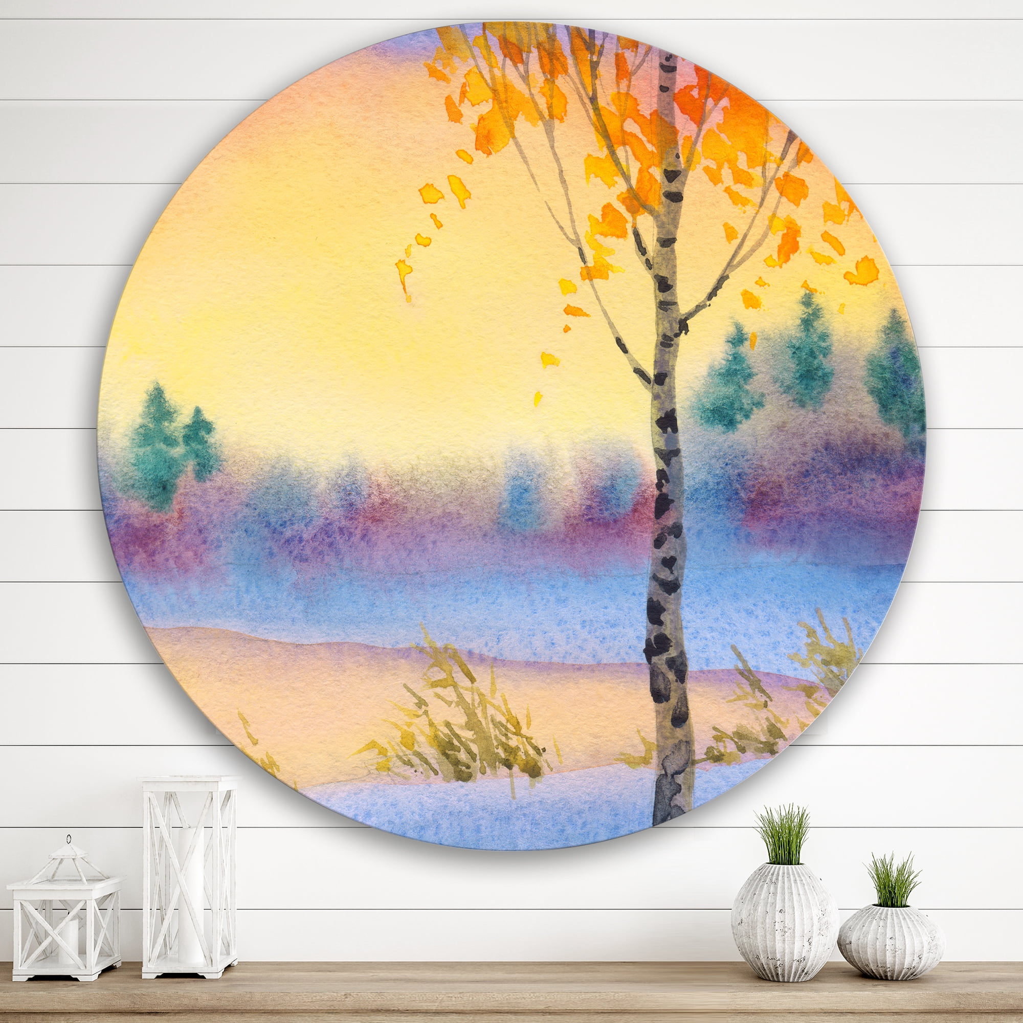 Designart 'Evening Sky Over Lake Winter Landscape' Traditional Circle Metal Wall Art 29x29 - Disc of 29