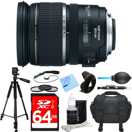 Canon EF-S 17-55mm F/2.8 IS USM Wide Angle Zoom Lens Deluxe Accessory Bundle includes Lens, 64GB SDXC Memory Card, Tripod, 77mm Filter Kit, Lens Hood, Bag, Cleaning Kit, Beach Camera Cloth and
