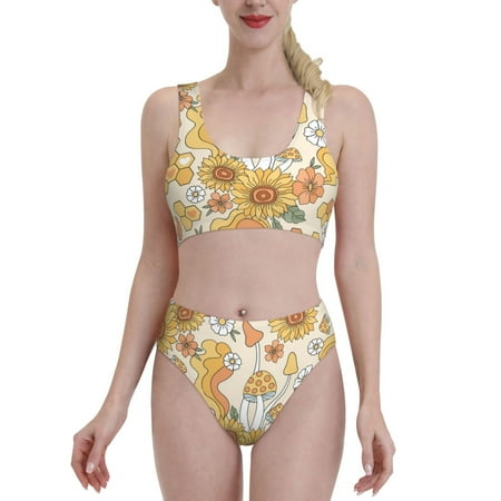 High Waisted Bikini Sets For Women  Hippie Flower Mushrooms Swimsuits Tummy Control  Two Pieces Bathing Suit
