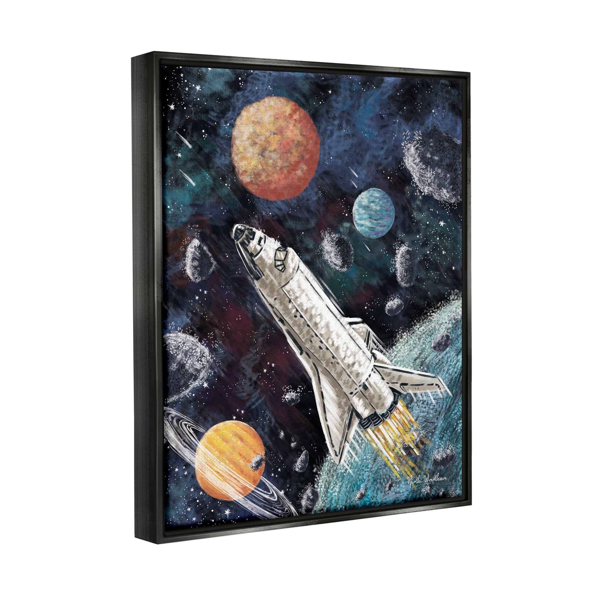 Stupell Industries Spaceship in Outer Space Novelty Painting Black Floater Framed Canvas Art Print Wall Art, 17 x 21
