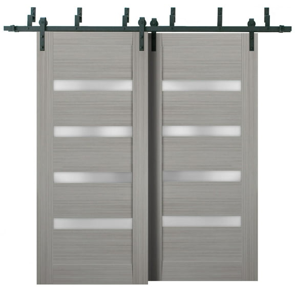 Sliding Closet Barn Bypass Doors 36 x 96 inches | Quadro 4113 Grey Ash with Frosted Glass | Sturdy 6.6ft Rails Hardware Set | Wood Solid Bedroom Wardrobe Doors