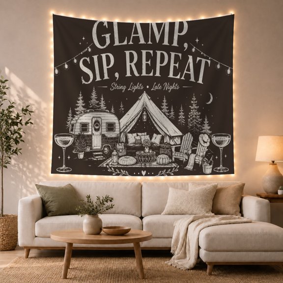 Glamping at a Forest Campsite with Camper and Tent, Nostalgic Vintage for Camping Enthusiasts, Glamping Decor, Friendship Gift, Tapestry Wall Hanging for Dorm and Den
