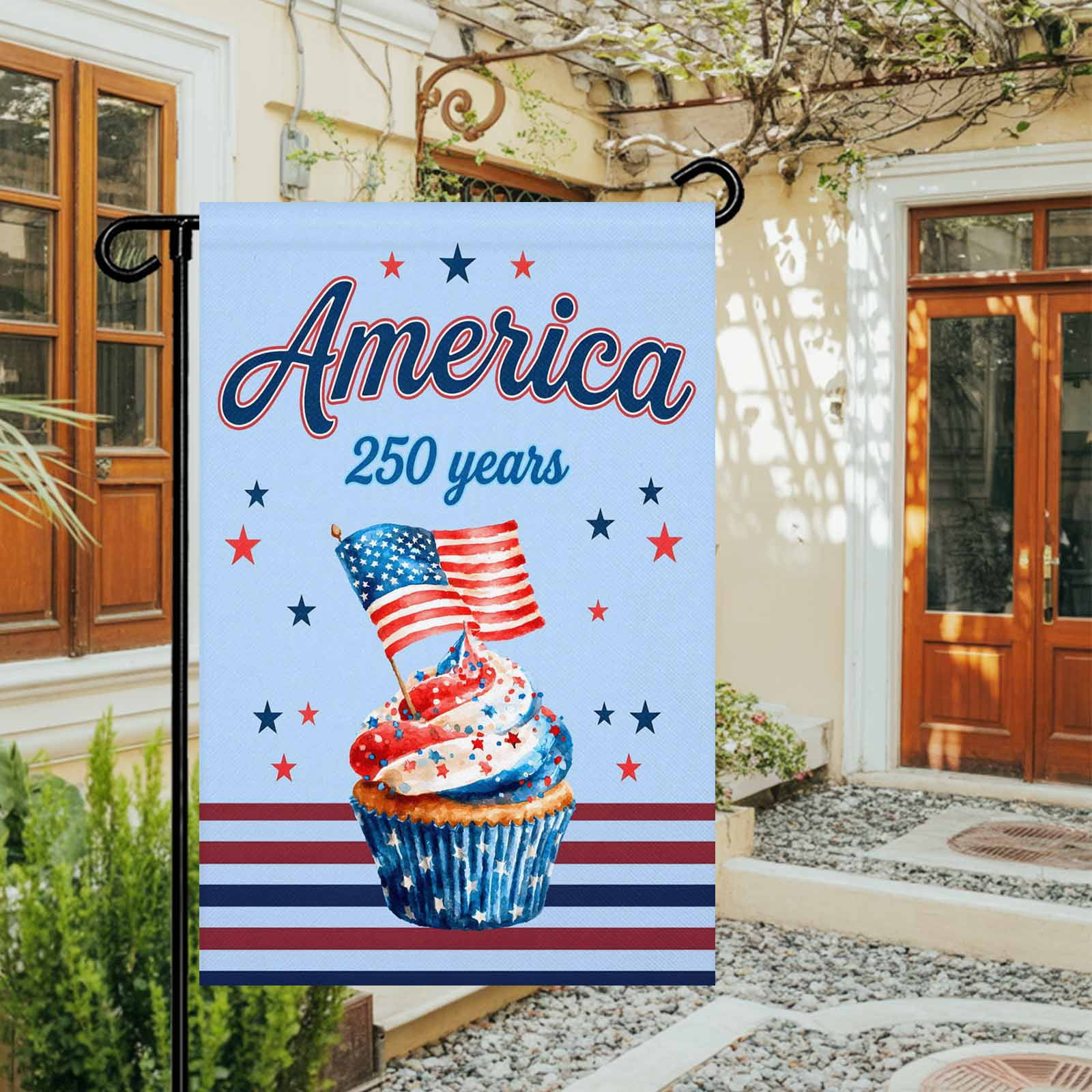 4th of July Garden Flags America 250 Years Garden Flag Double Sided Welcome Flag USA Flag Cupcakes Star Blue Stripes Independence Day Yard Flags for Outdoor Lawn Porch Memorial Day Decor 28x40 Inch