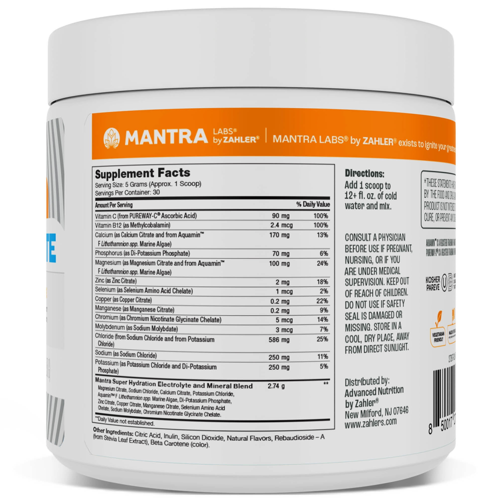 Mantra HYDRATE Zero Sugar Electrolyte Powder Drink Mix with Vitamin C & B12, Keto Vegan Hydration Supplement, Lemonade