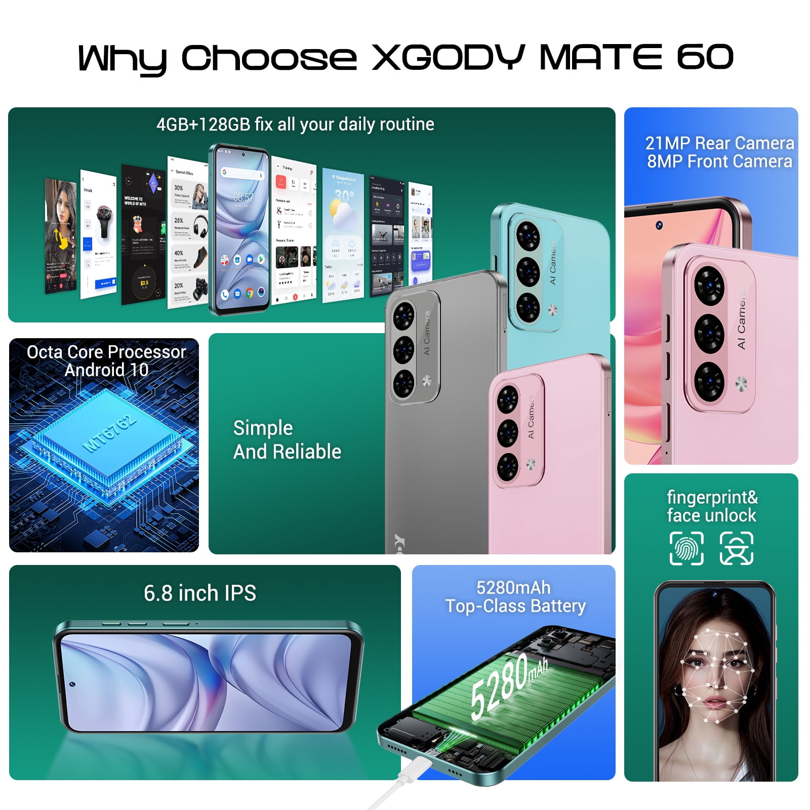 XGODY 4G T-Mobile Unlocked Android Phones, 128GB Smartphone, 6.79" IPS Screen 5280mAh Unlocked Cell Phone, Blue