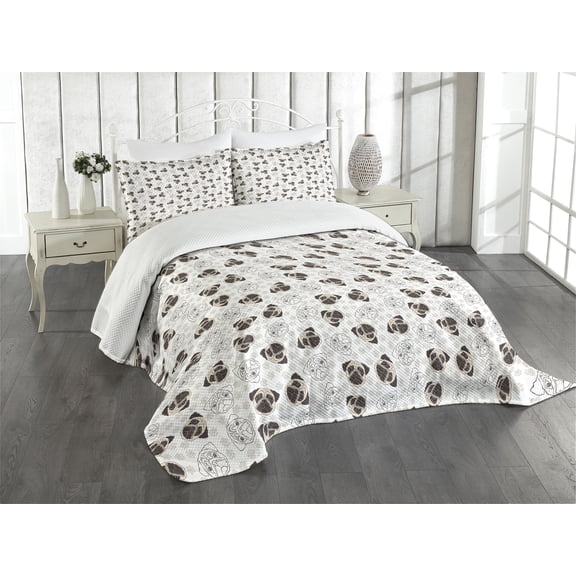 Ambesonne Dog Lover Quilted Bedspread Set 3 Pcs, Pug Portraits Traces, King Size, Beige Brown Tan