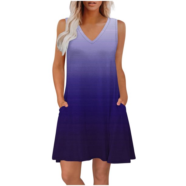 Vestido Corto para Mujeres Verano sin Mangas Cuello en V, Impresión de Moda con Bolsillos, Poliéster de Algodón Casual