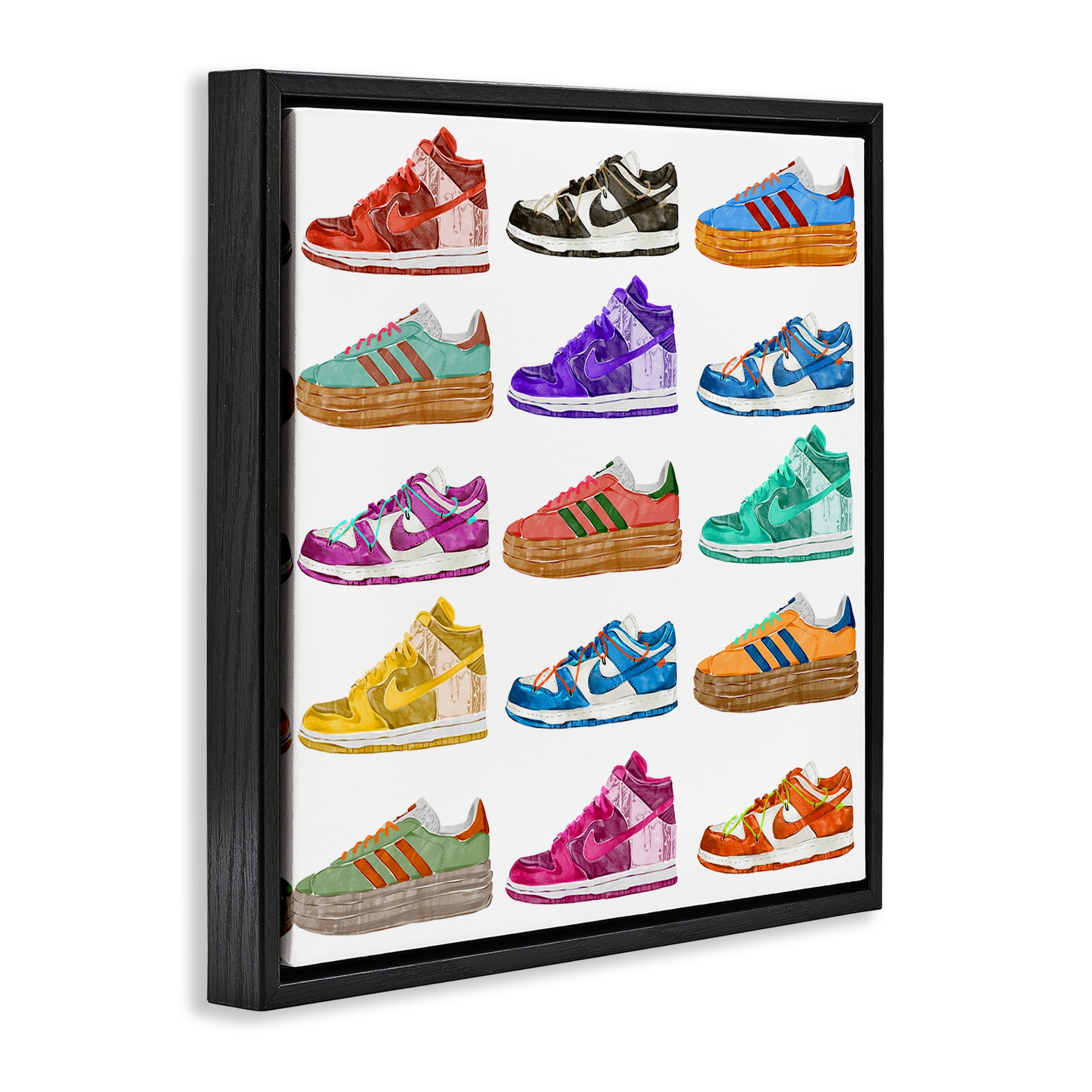 Stupell Industries Fashion Sneakers Array Fashion Painting Black Floater Framed Canvas Art Print Wall Art, 18 x 18