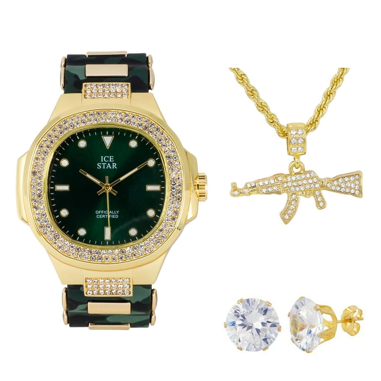 Men's Gold Finish ICY Classic Dial Watch Set with Bling-ed Out AK Pendant and Round Clear CZ Stud Earrings