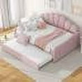 thumbnail image 5 of Shall Shaped Backrest Velvet Daybed Frame, Modern Sofa Bed with Trundle, Full Size Multi-purpose Bed Sofa, Weight Capacity 600lbs, Pink, 5 of 7