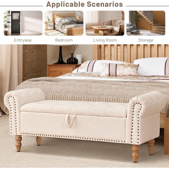 51” Storage Benches, End of Bed Bench with Button-Tufted Large Upholstered Storage Ottoman Linen Window Bench with Storage Shoe Cabinet Bench, for Bedroom, Entryway, Closet, Beige