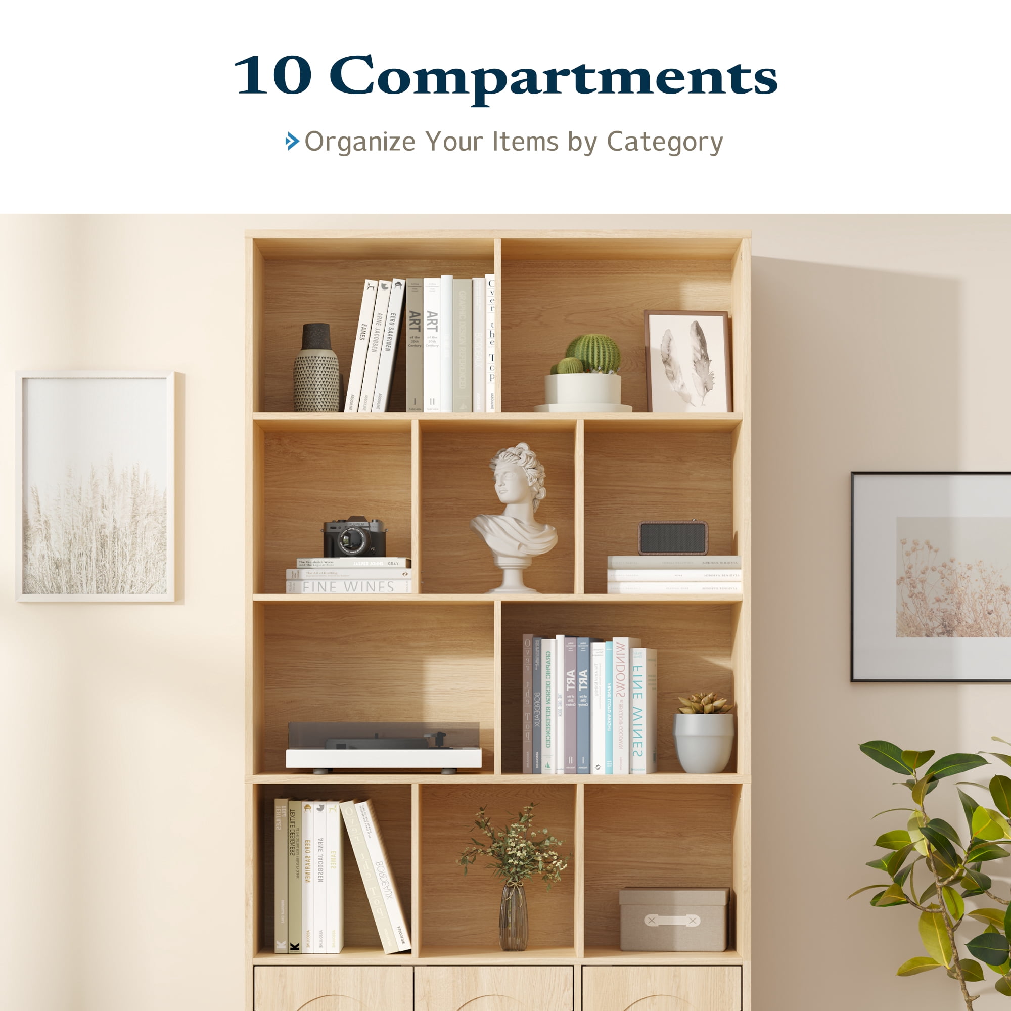 4-Tier Tall Bookshelf with 3 Doors, 71" Open Shelf Bookcase with 10 Cubes, Modern Cube Storage Organizer for Living Room, and Office, Oak