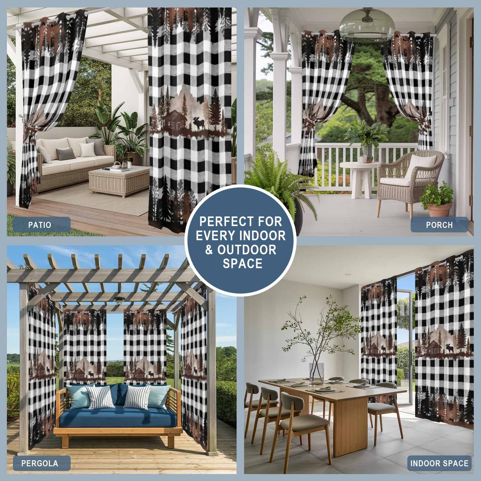 Forest Farmhouse Outdoor Curtains for Patio, Country Mountain Moose Silhouette Pine Tree Black White Plaid Sunshade Privacy Drapes Grommet Waterproof Outside Curtains for Porch 54"x108", 1 Panel