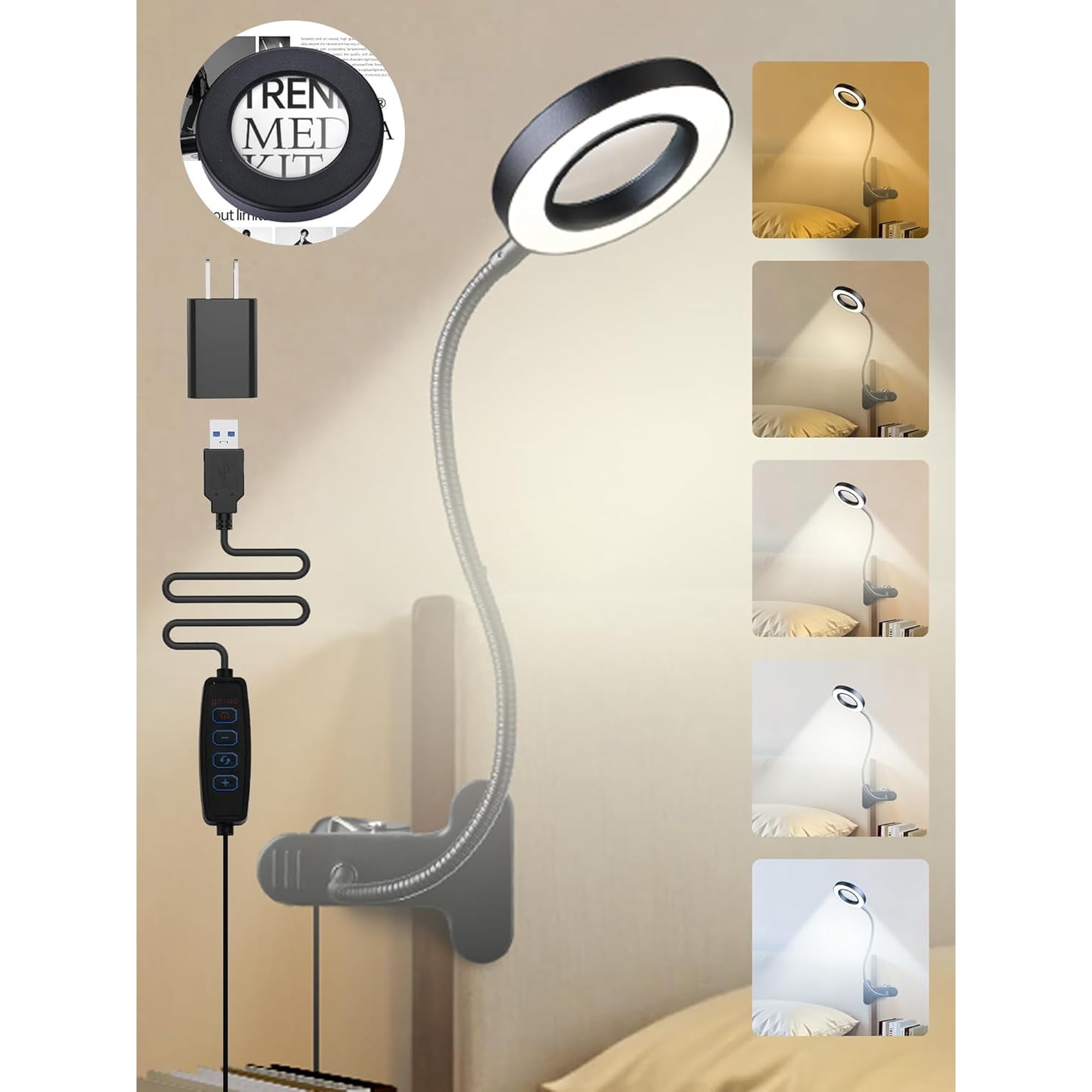 10X Magnifying Glass with Light,5 Colors+10 Brightness Reading Lamp,58 LED Magnifier Light,750 Lumen Lighted for Reading,Clip on Lamp Desk/Bed/Work/Nail [Adapter]