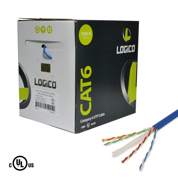 Cat6 UTP 1000ft Bulk Ethernet Network Cable 23AWG 550Mhz Pure Copper Plenum Blue