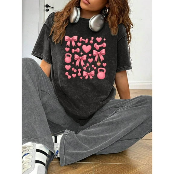Washed Cotton Fitness Heart Graphic Tee Girly T Shirt Tops Short Sleeve Round Neck Black S-2XL Plus size