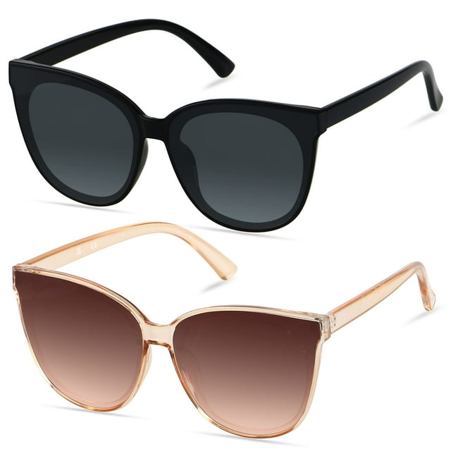 Gafas de sol LYZOIT Oversize con montura de ojo de gato para mujer, paquete de 2, negro y marrón
