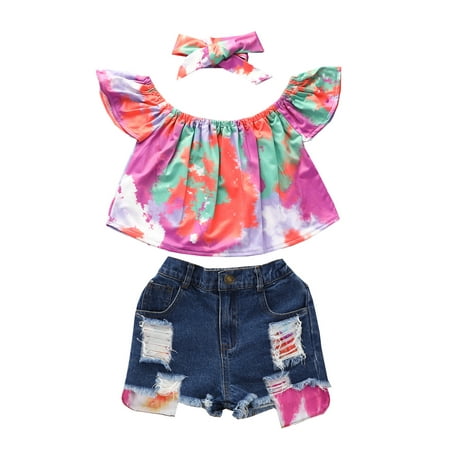 

Kids Toddler Girls 3-piece Outfits Fly Sleeve Tie Dye Tops and Ripped Denim Shorts and Headband Set