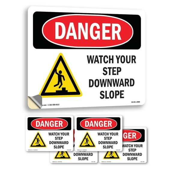 Watch Your Step Downward Slope OSHA Danger Vinyl Decal Label 14 Inch x 10 Inch - 5 Pack