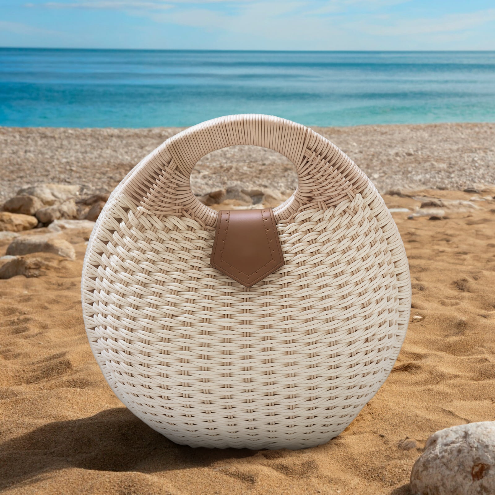 Women's Fashion Beach Handbag, Handwoven Straw Tote Bag with Clasp, Small and Stylish, Suitable for Beach, Parties, Shopping, White
