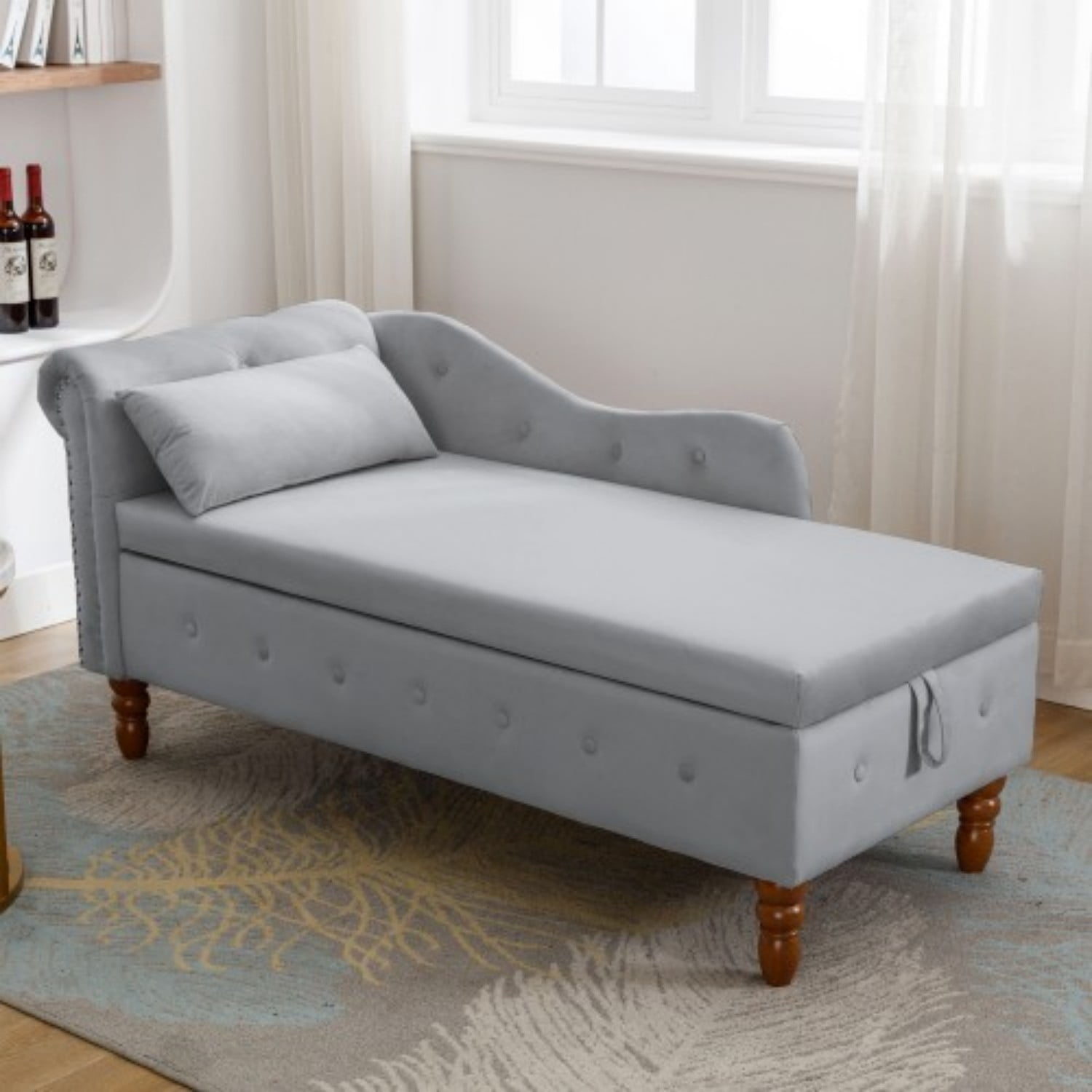 Velvet Chaise Lounge Chair with Storage, Upholstered Chesterfield Lounge Chair with Rolled Arm, Tufted Back, Pillow & Hidden Storage for Living Room, Bedroom & Office, Grey