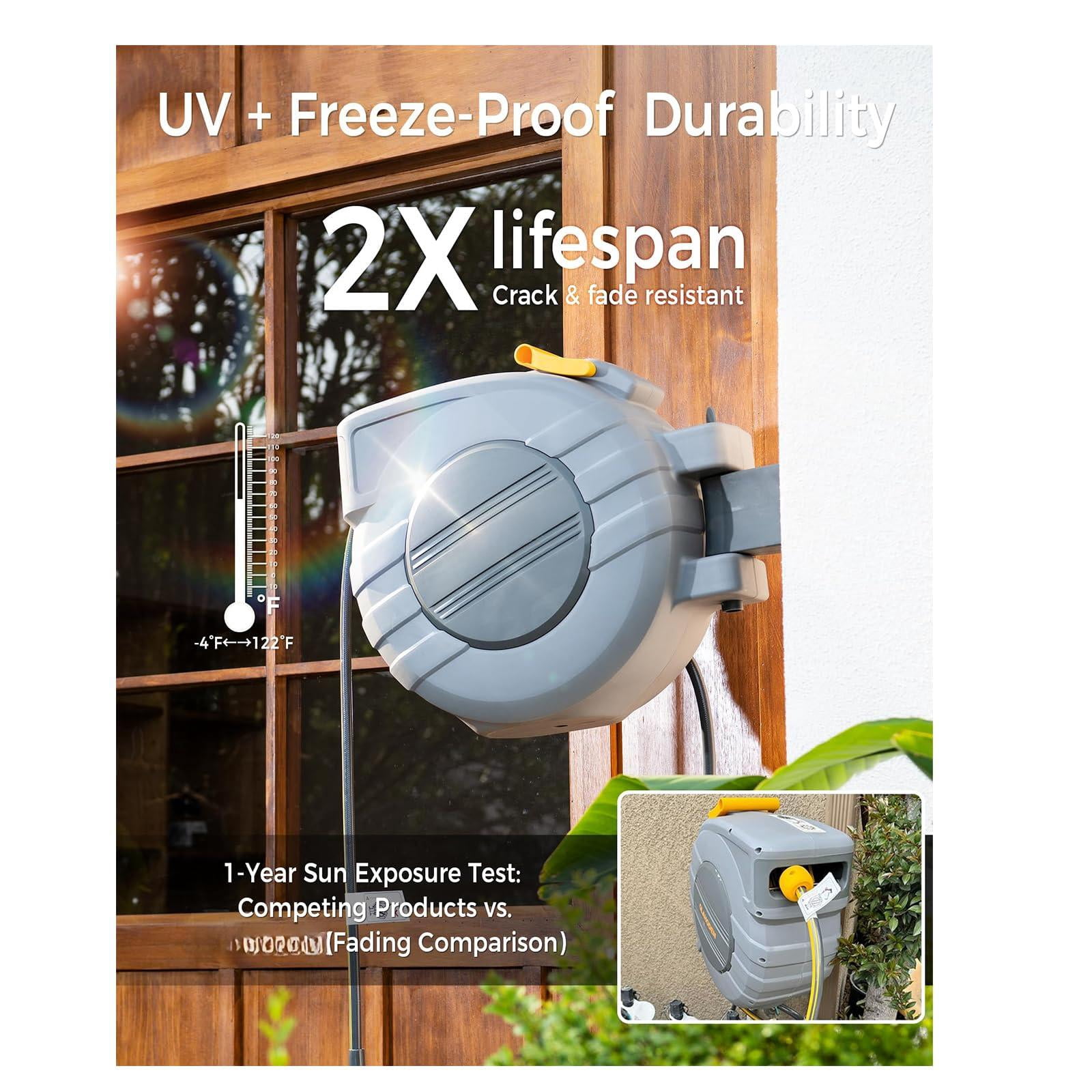 Retractable Garden Hose Reel 5/8 In X 100 Ft Upgraded Uv Resistant Heavy Duty Automatic Wall Mount 3/4 Brass Fitting 9 Pattern Nozzle Any Length Lock Slow Retraction 180° Swivel