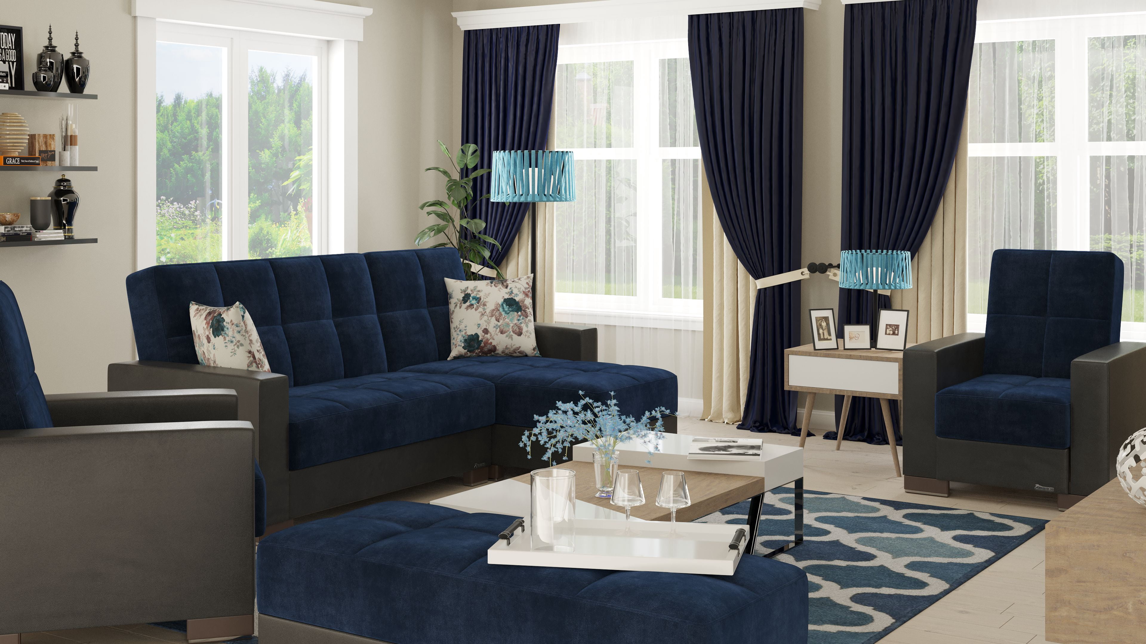 Ottomanson Origins Modern Convertible L-Shaped Sectional Sofa, Turquoise Color Microfiber
