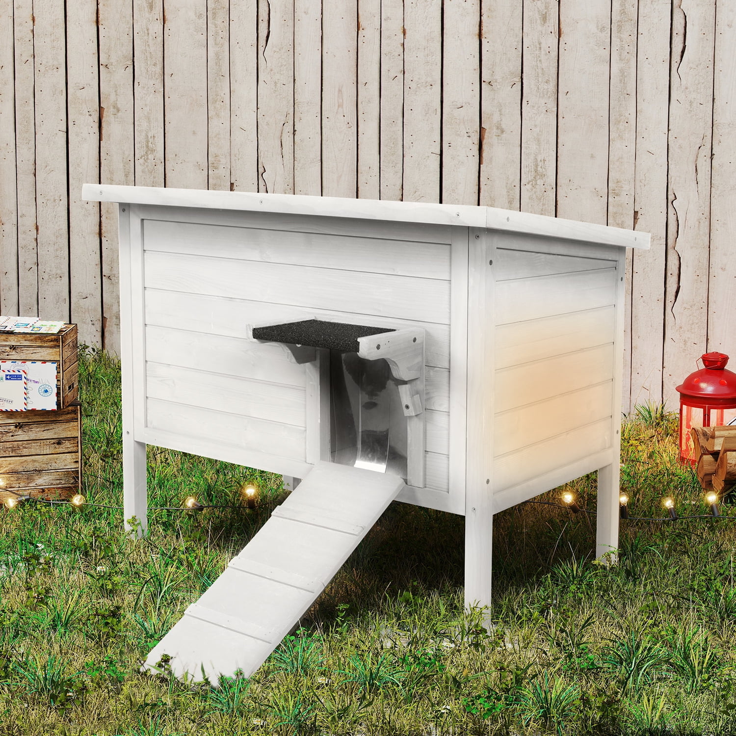 Hidpriva Insulated Wooden Outdoor Cat House, Weather-Resistant Feral Cat Shelter for Winter w/ Foldable Ladder & Visible Window, White