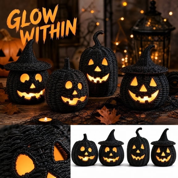 Halloween Pumpkin Decorations, Spooky Halloween Decor, Jack O Lantern Decor, Pumpkin Candle Holder, 7X6 Inch Woven Black Tabletop Lantern for Tea Light Candles, Perfect for Indoor