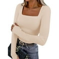 thumbnail image 2 of YanHoo Womens Long Sleeve Square Neck Ribbed Knit Fitted Casual Crop Tops Tee Slim Basic Shirts with Thumb Holes Y2k Clothes Beige,M, 2 of 8