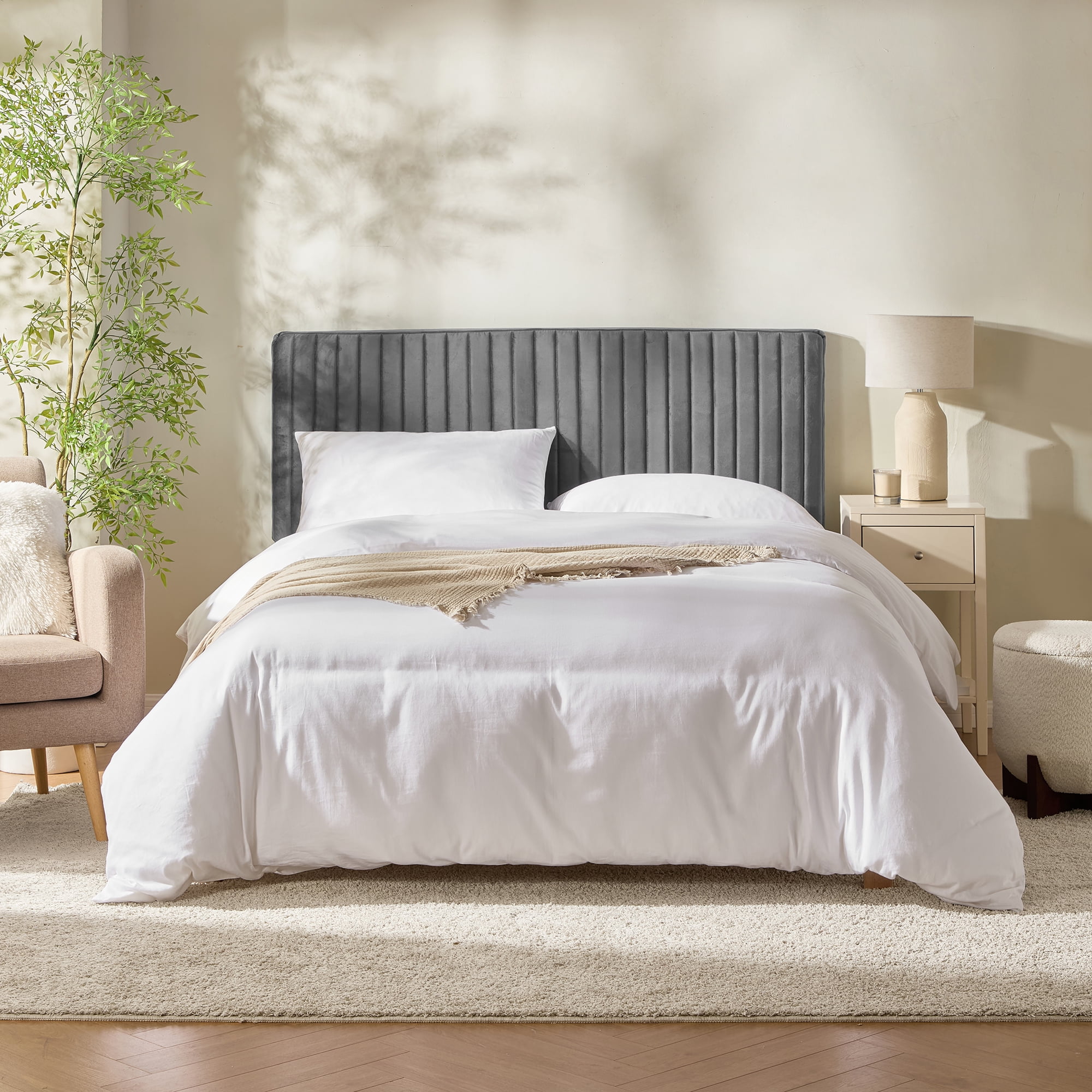 Virtu Queen Headboard No Tools Required Peel and Stick Upholstered Velvet Bed Headboard Only, Gray