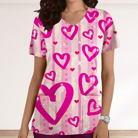 

Valentines Day Gifts for Her UHEOUN Womens Tops Valentines Scrubs for Women Fashion Women s V-Neck Casual Short Sleeve Printed Pocketss Ladies Tops Blouse with Pocketss End of Year Clearance