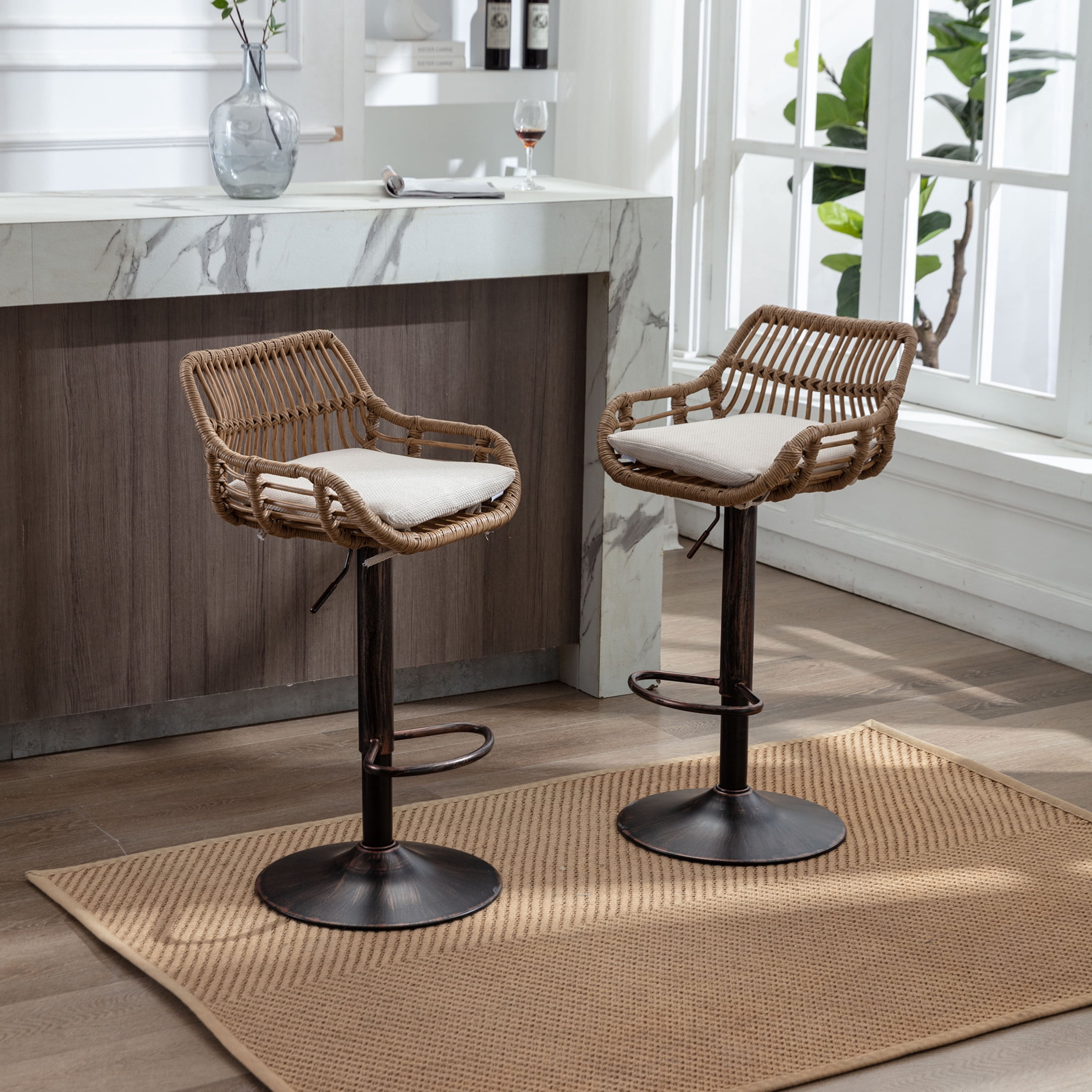 Noble House Swivel Bar Stools Set of 2, Adjustable Linen Counter Height Chairs with Footrest, Beige