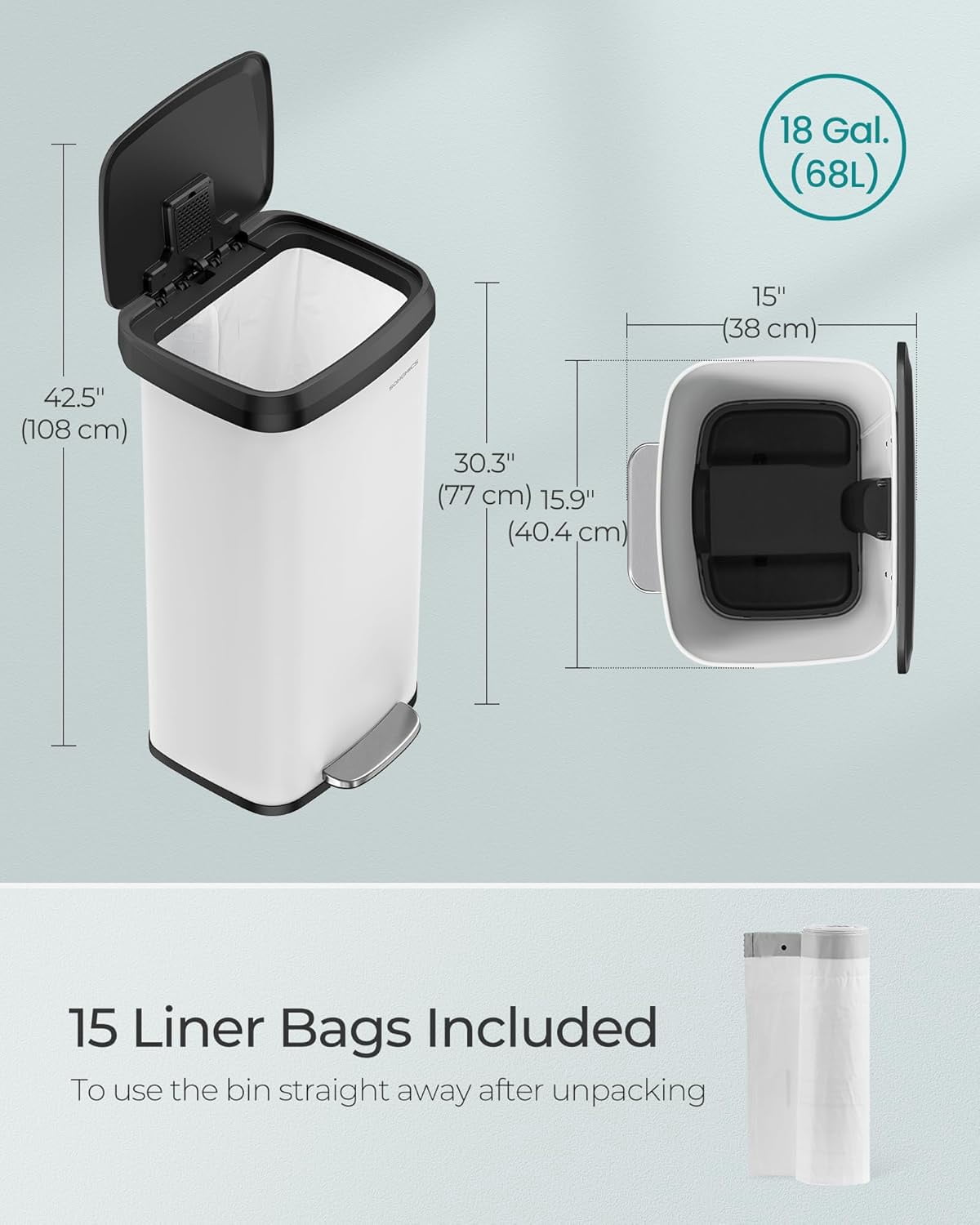 White Trash Can with Lid, Freestanding Kitchen Garbage Bin with Removable Inner Bucket