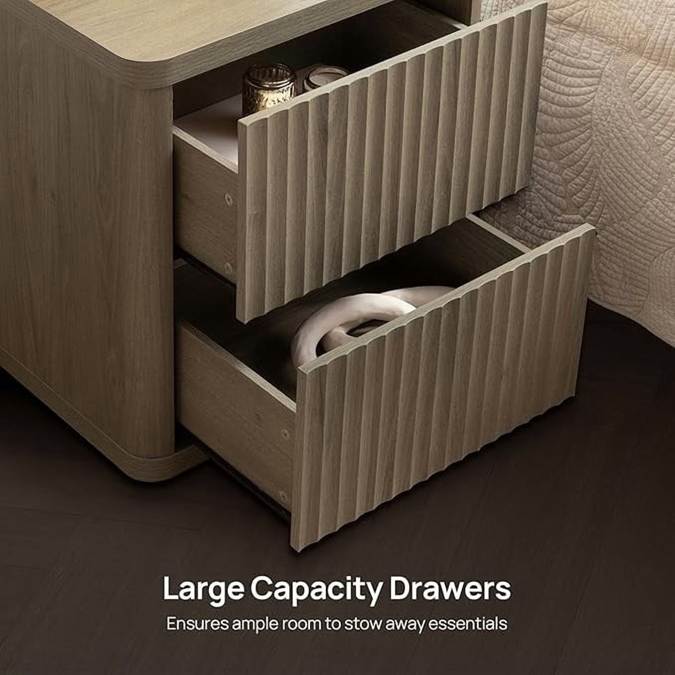 SICOTAS Fluted 2 Drawer Nightstand Set of 2, 22.75" W Small Modern Bedside Table with Large Handless Drawers, Curved Edge Design, Wooden End Table for Bedroom, Living Room, Dark Grey