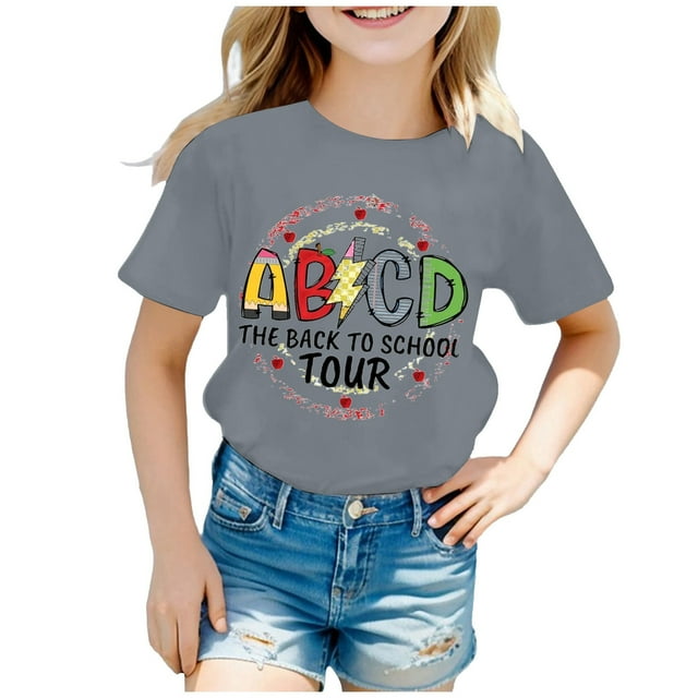 AWZXDE Hauts pour Filles Enfants Rentrée des Classes T-Shirt Graphique à Manches Courtes Col Rond Lumineux Confortable pour Garçons et Filles
