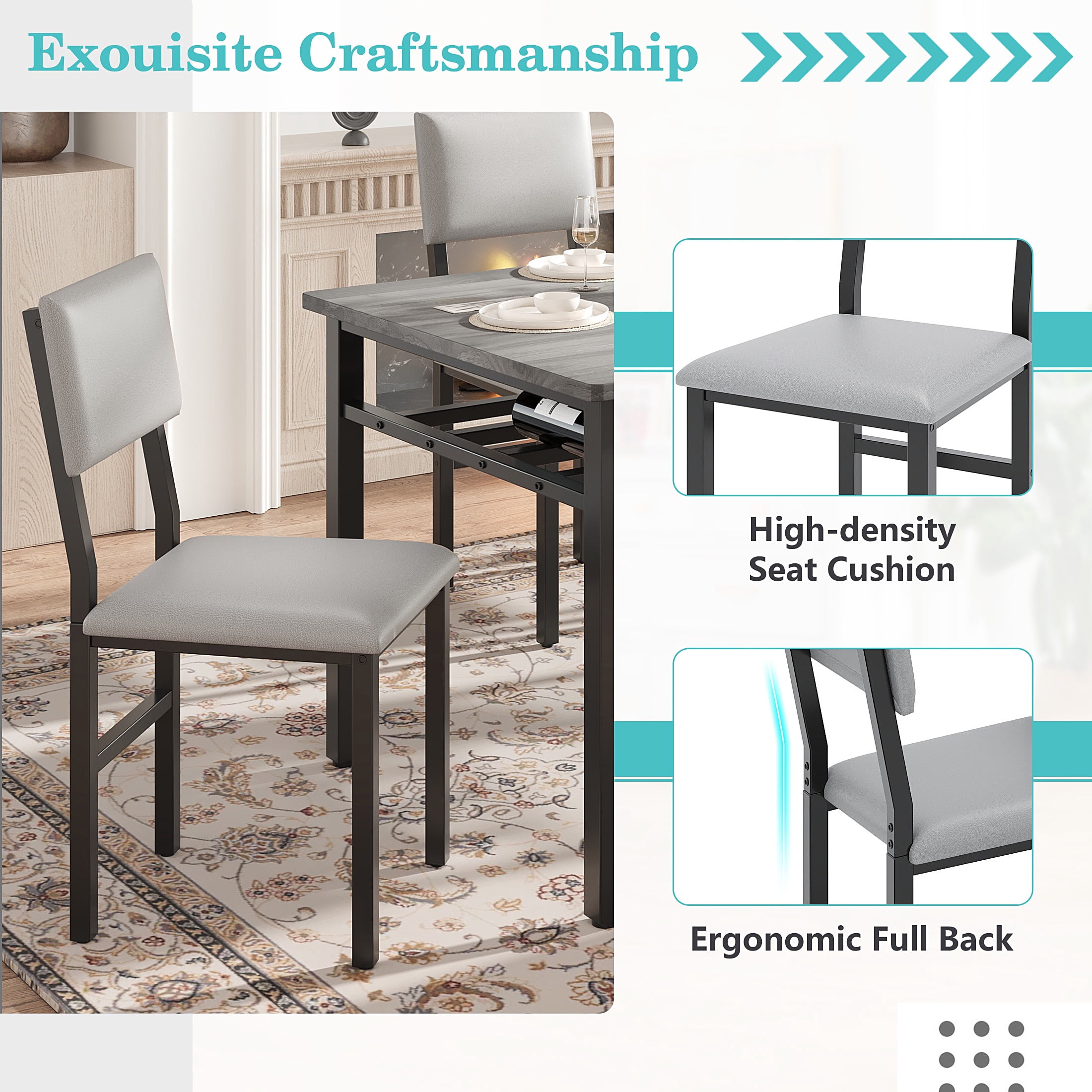 PORKISS Dining Table Set for 6, 6-Piece Dining Room Set with Wooden Table Top, PU Leather Upholstery Chairs and Bench, Kitchen Table and Chairs Set with Metal Frame Storage, Dinette Sets, Gray+Black