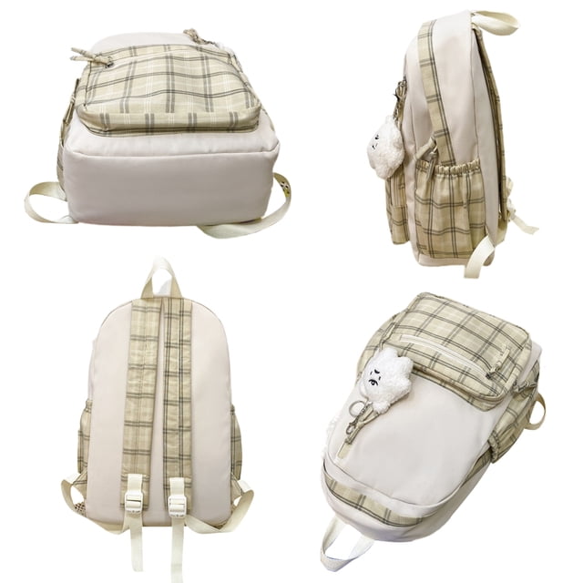 Linda mochila a cuadros con colgante de felpa, ligera, de gran capacidad, bolsa de libros para estudiantes, mochila escolar, mochila informal para viajes al aire libre, camping, picnic
