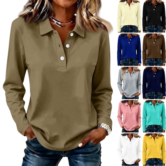 WULMLEO Womens Long Sleeve Tops Casual Loose Fit Quick Dry Work Golf Polo Shirts Light Brown XL