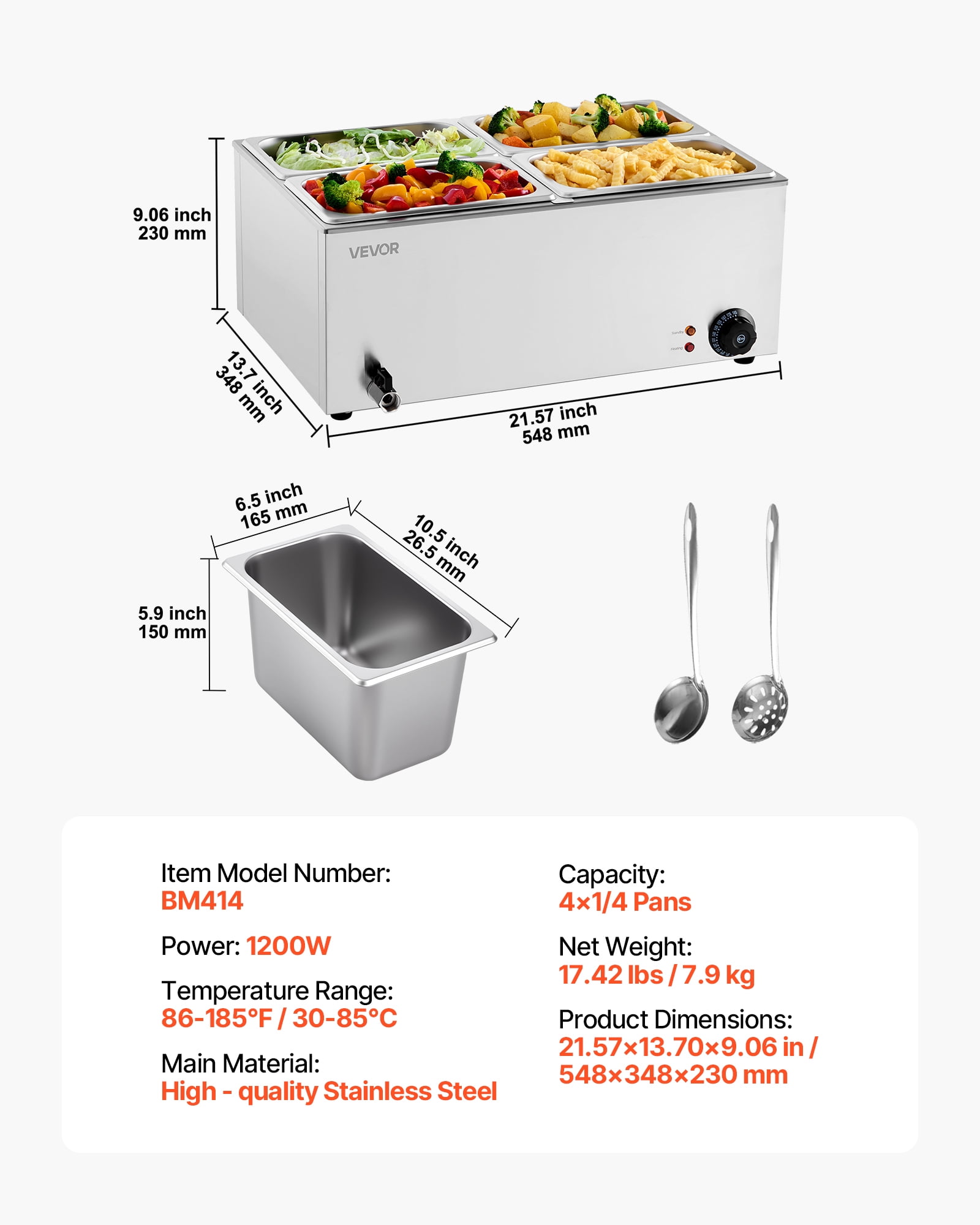 VEVOR 24QT Commercial Food Warmer, 4-Pan Electric Steam Table, 1200W Professional Countertop Stainless Steel Buffet Bain Marie with 86-185°F Temp Control for Catering, Buffet, Parties, Restaurants