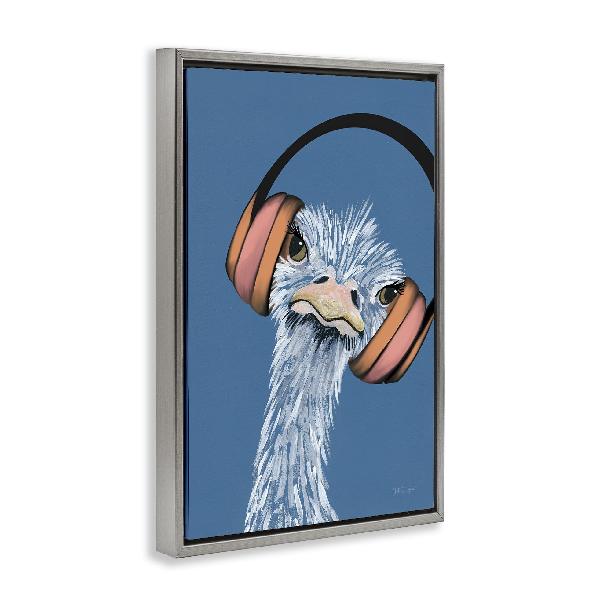 Stupell Industries Ostrich with Headphones Animals & Insects Painting Gray Floater Framed Art Print Wall Art, 21 x 31