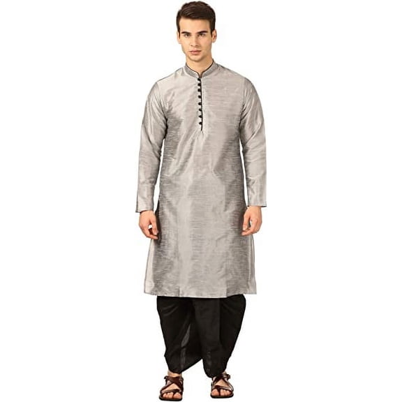 Royal Kurta Men's Art Silk Dhoti Kurta Set (38, Silver)