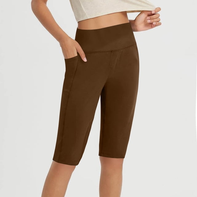 Karight Women Knee Length Leggings Yoga Capris High Waisted Tummy Control Yoga Pants Athletic Biker Shorts with Pockets