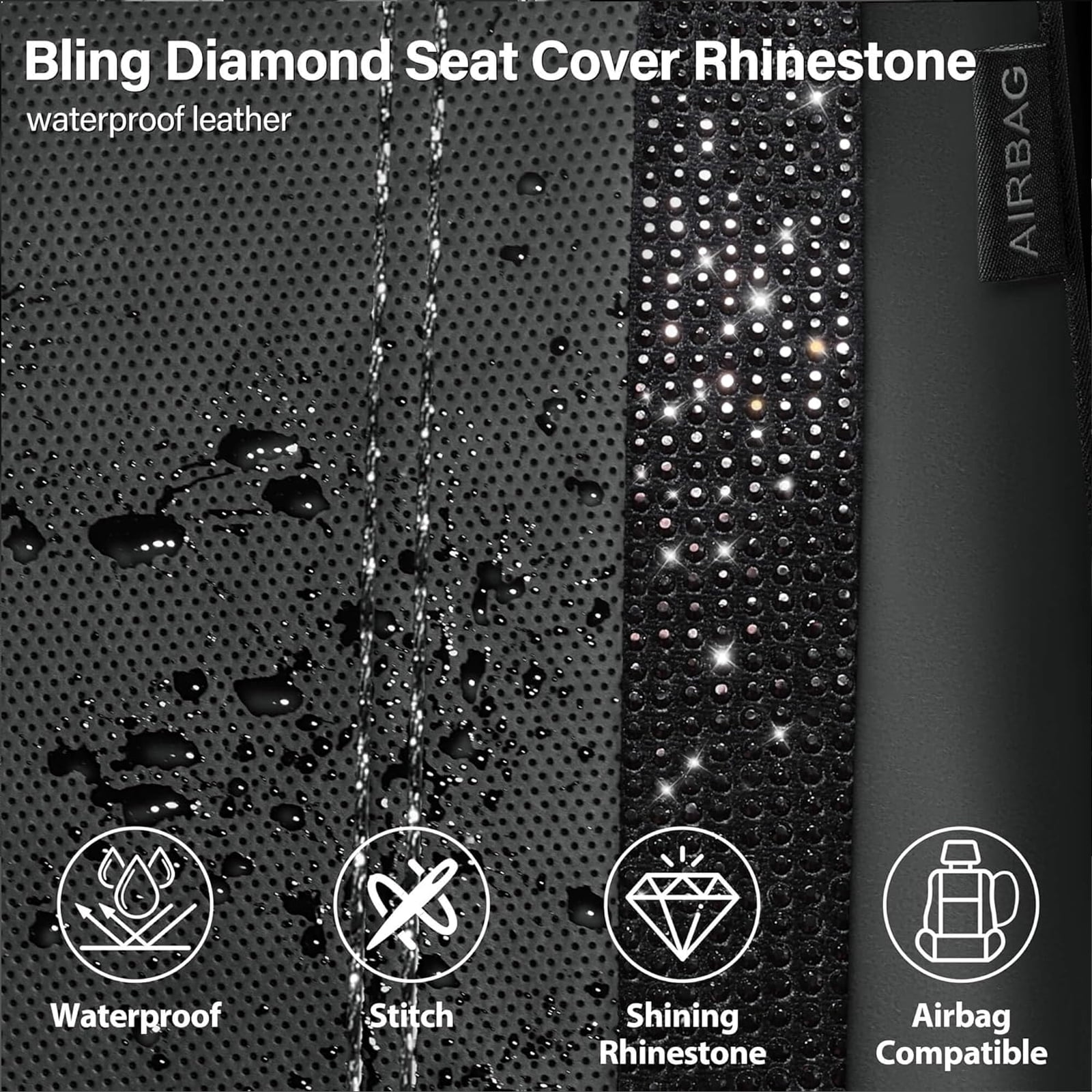 Car-Grand Bling Diamond Rhinestone Leather car seat covers full set waterproof universal shinning glitter crytal sparkle fit automotivve truck SUV Cute girl femal Black