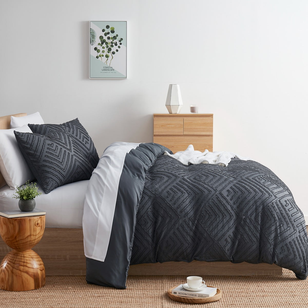 Nestl Boho 3 Piece Duvet Cover Set, Tufted Embroidery Double Brushed Duvet Cover with Button Closure with 2 Pillow Shams, Twin (68"x90") - Gray