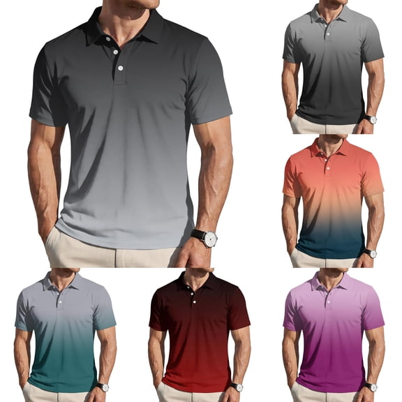Sorvello Polo Shirts for Men Short Sleeve Button Down Collar Gradient Shirts Moisture-Wicking Athletic Men's Golf Polo Shirt Blue L