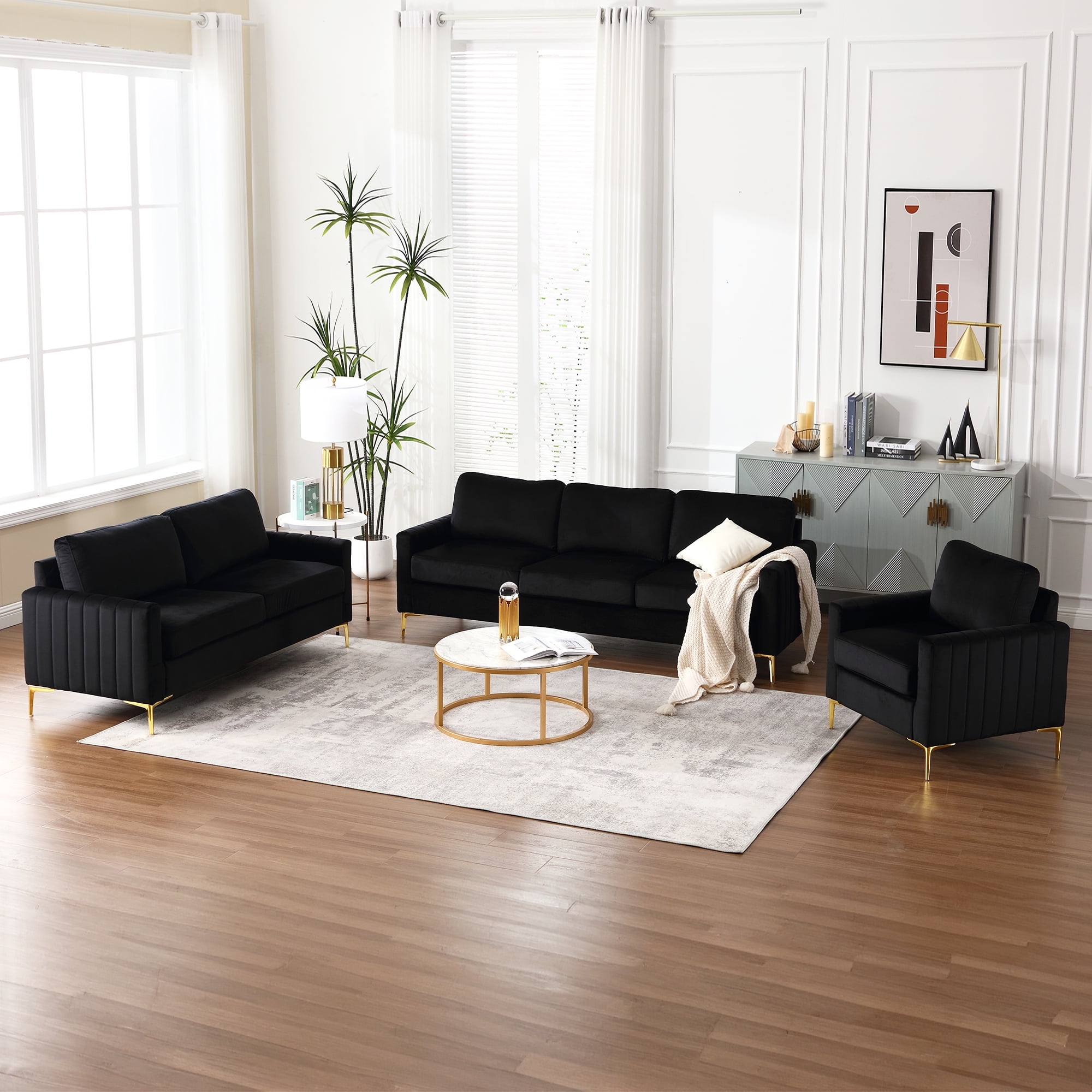 Muumblus Velvet 3 Piece Modern Living Room Furniture Sofa Set, Black